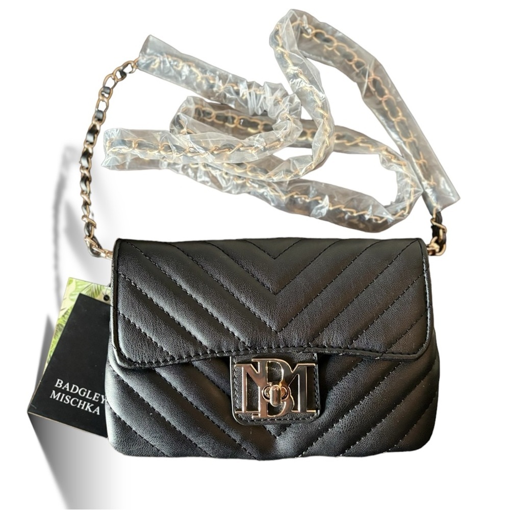 NWT- Badgley Mischka Quilted Black & Gold Crossbody Purse - Picture 2 of 7